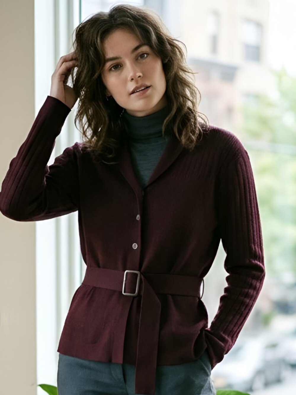 Jones New York Country Cardigan Womens M petite Burgundy Belted Wool Vintage